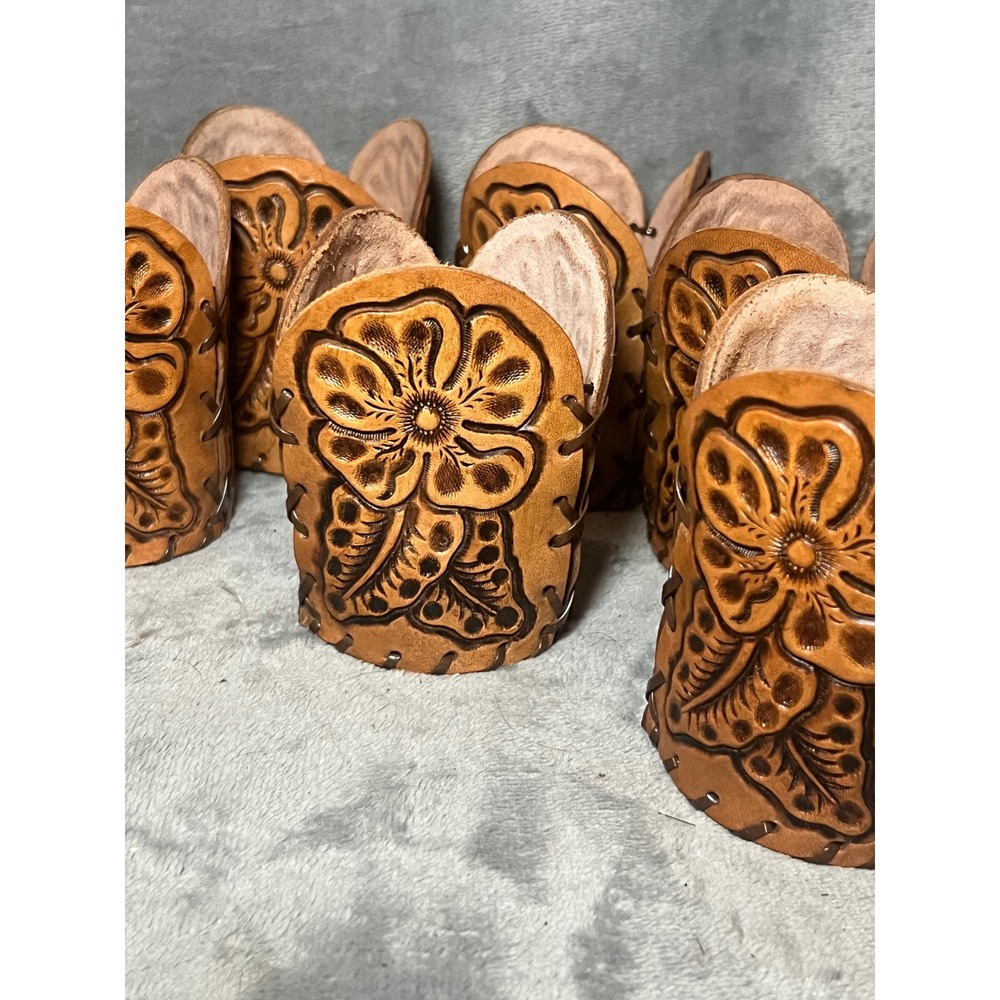 Vintage Leather Cup Holders Set Tooled Floral Western Rustic Drink Sleeves MCM